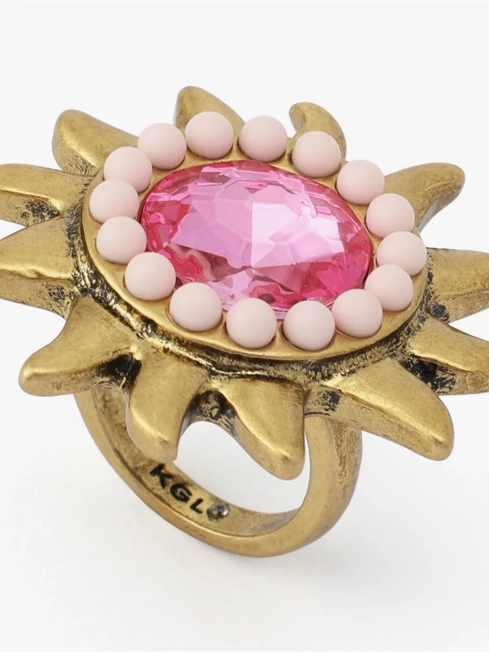Kurt Geiger Gold Sunburst Cocktail Ring with Pink Stone Sz 9